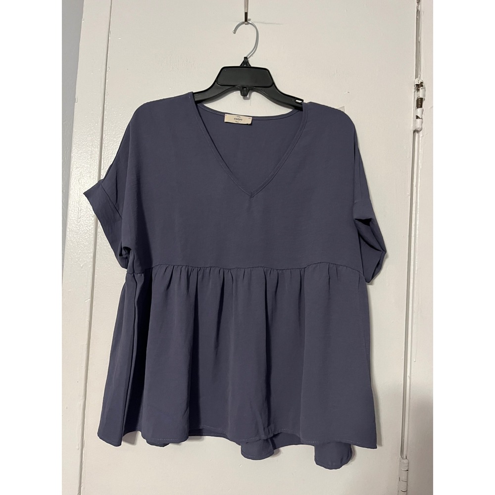 Entro Women Slate Blue V-Neck Babydoll Peplum Blouse Short Sleeve Top 5288 Small